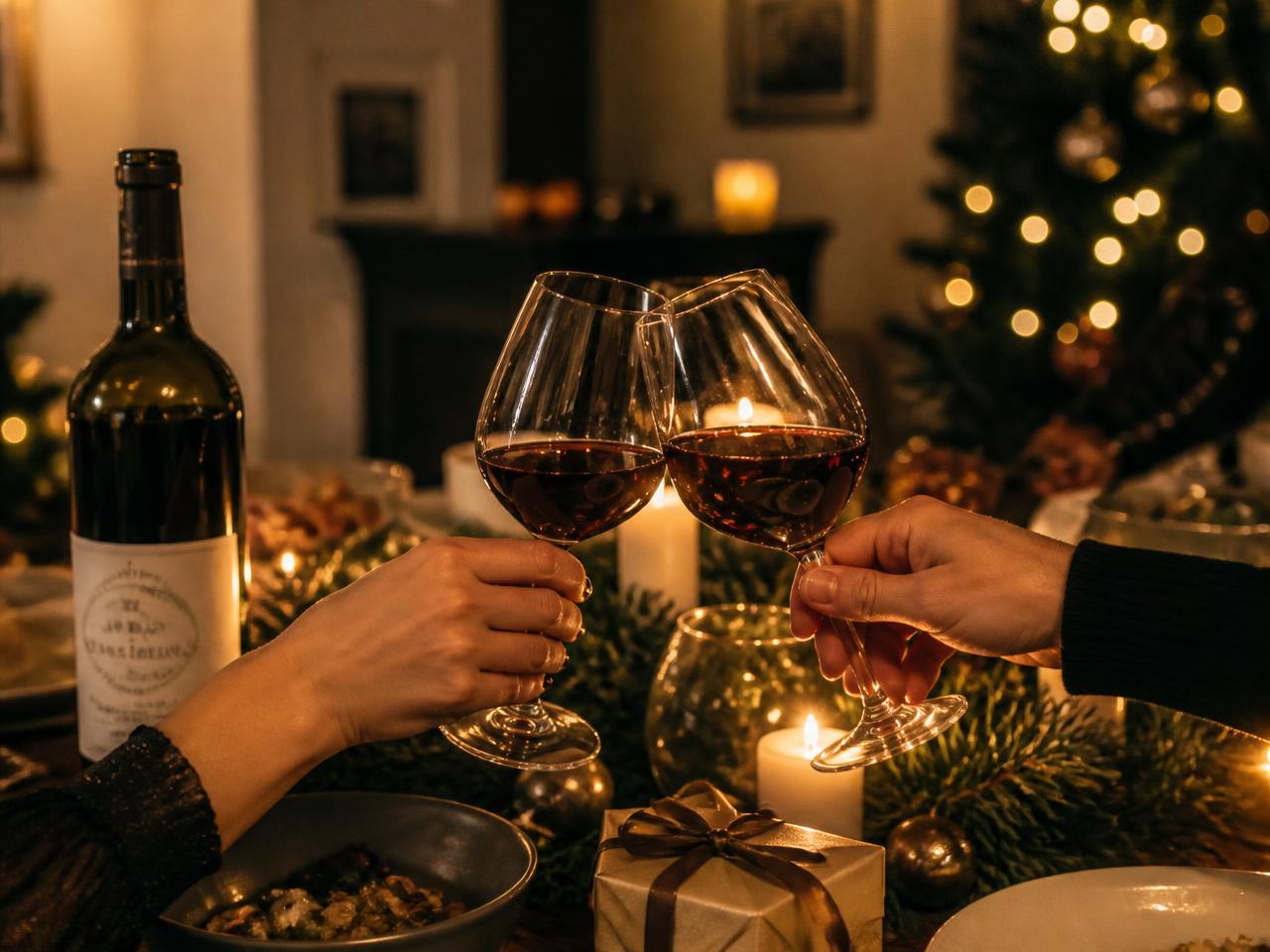 Proosten met rode wijn aan een feestelijk gedekte tafel met kaarslicht